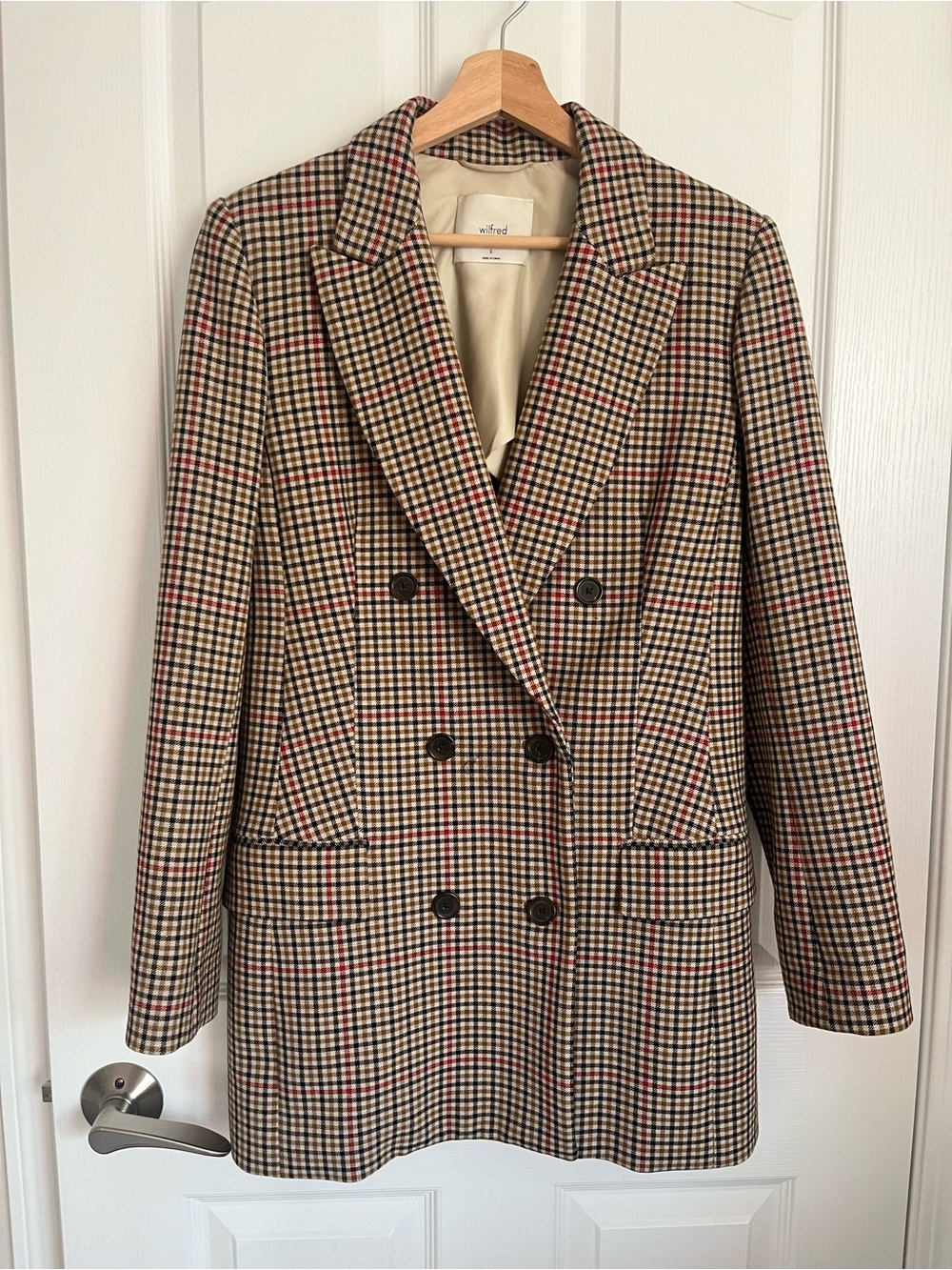 Wilfred Margaux Double-Breasted Plaid Blazer Jacket in Camel Multi